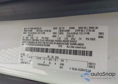 2019 Ford Transit-350 Xl z USA, uszkodzony, nr VIN 1FBZX2CG3KKA70398